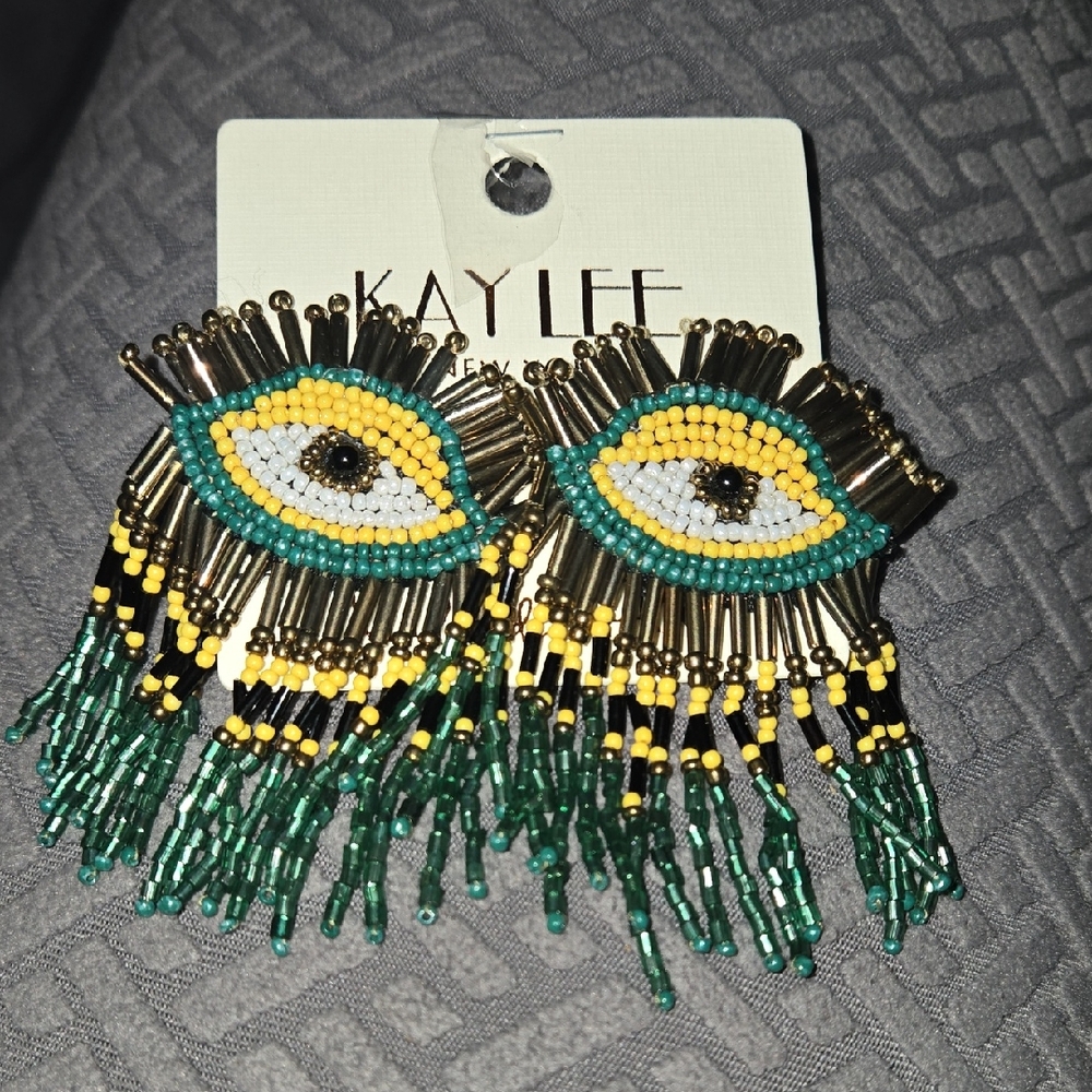 Green and Yellow Beaded Earrings with Dramatic Fringes